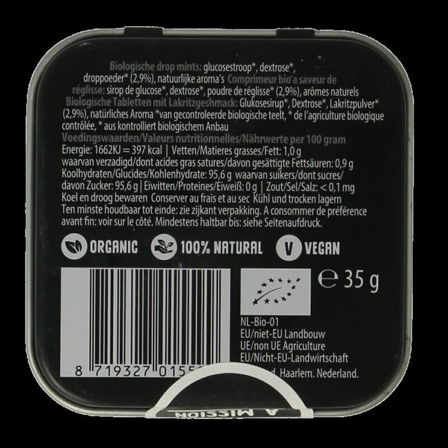 Liquorice blikje vierkant bio 35 Gram