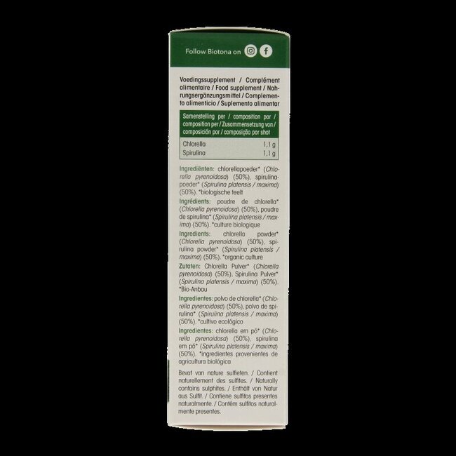 Shots de chlorelle et spiruline bio 2,2 g 20 pièces