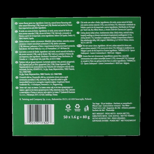Thé vert au citron Twinings - 50 sachets enveloppés