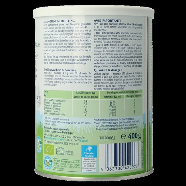 Lait infantile biologique 1 à base de lait de chèvre 400 grammes