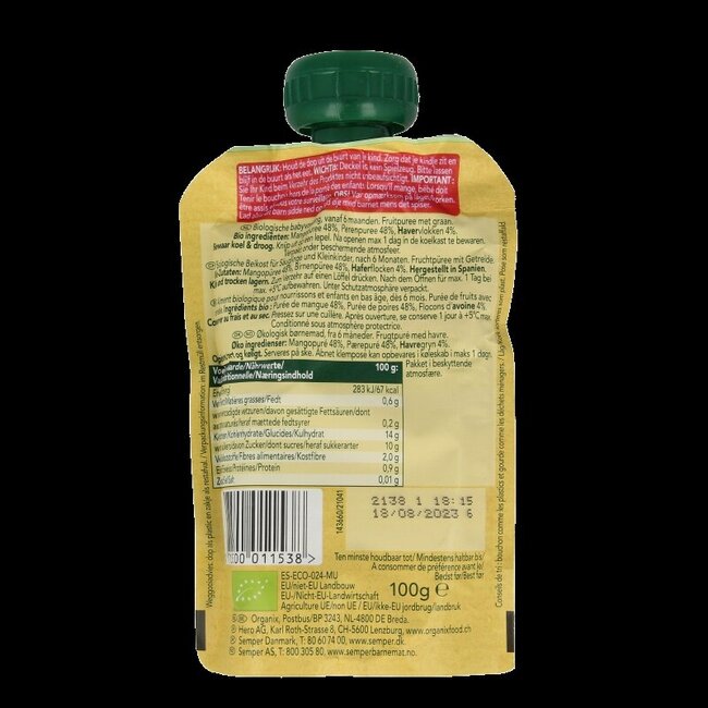 Gourde de fruits mangue, poire & granola 6+ mois bio 100 g