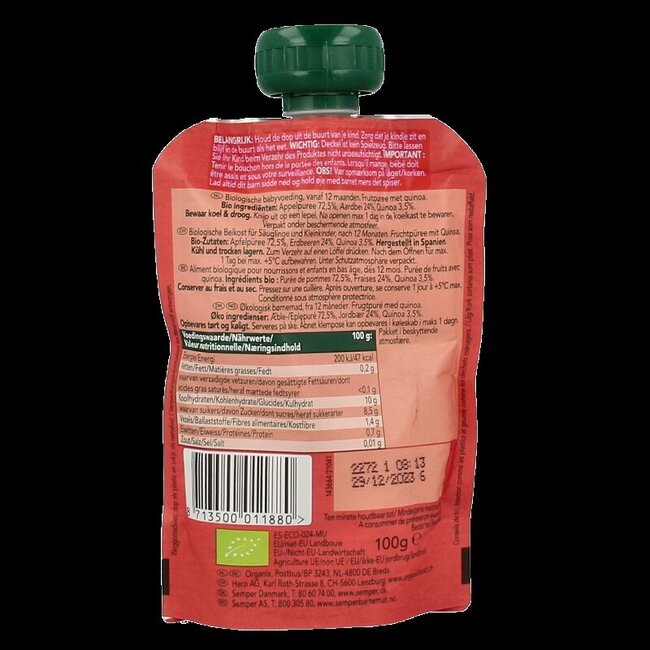 Knijpfruit appel, aardbei & quinoa 12 maanden bio 100 Gram
