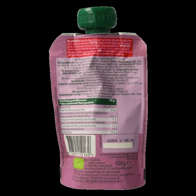 Knijpfruit appel, aardbei en bosbessen 6+M bio 100 Gram