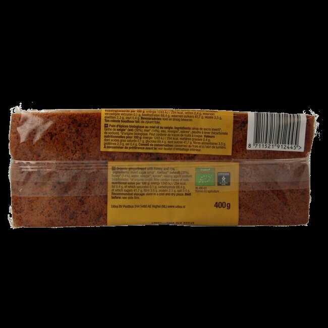 Ontbijtkoek honing - rogge bio 400 Gram