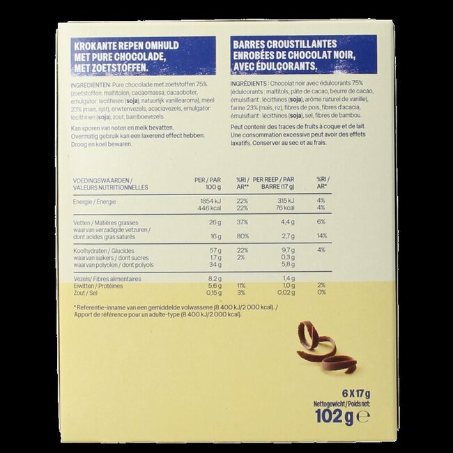 Barres croquantes chocolat noir faible en kcal/glucides 102 grammes