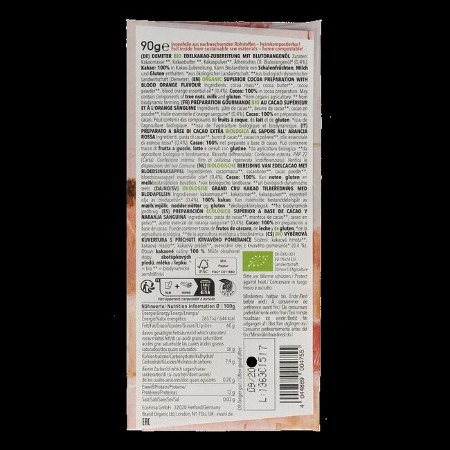 Chocolade Demeter puur 100% bloedsinaasappel bio 90 Gram