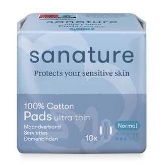 Sanature Serviettes hygiéniques normales 100% coton avec ailettes 10 Pièces