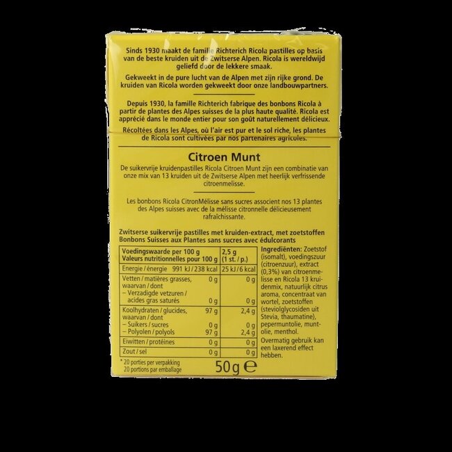 Ricola Citron Mélisse sans sucres boîte 50 g