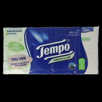 Tempo Natural & soft zakdoekjes 8 x 9 stuks 8 Stuks