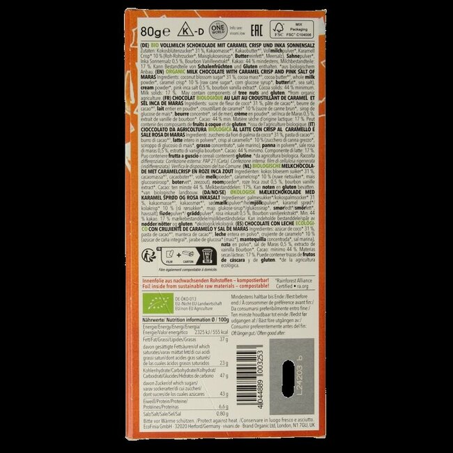 Chocolat au lait caramel sel de mer sucre de fleur de coco bio 80 g