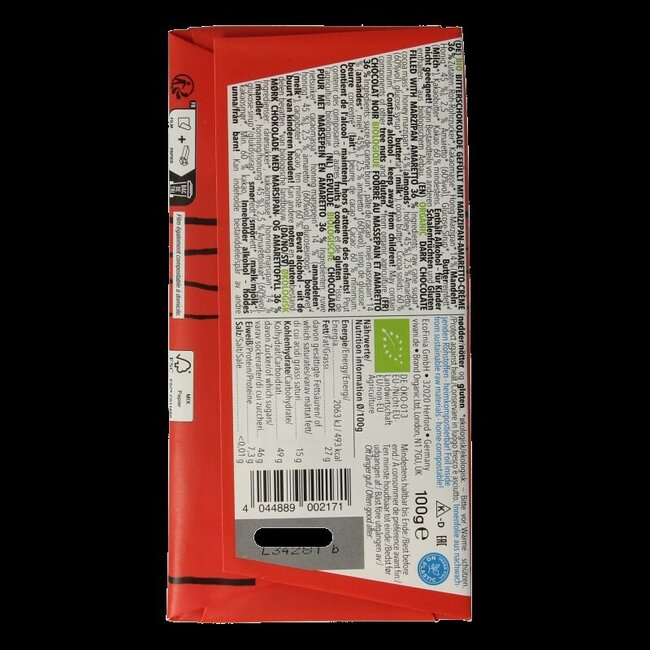 Chocolade puur met marsepein & amaretto bio 100 Gram