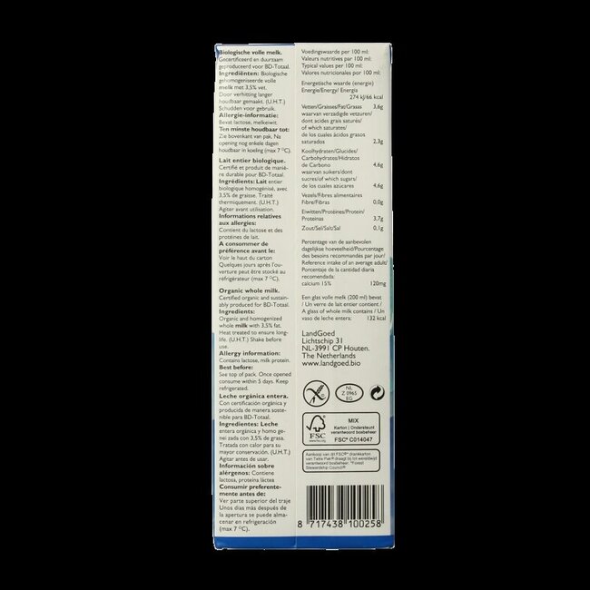 Lait entier bio 1 litre