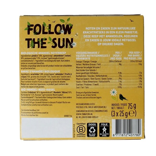 Barre de muesli mélange de noix amande bio 3 Pièces