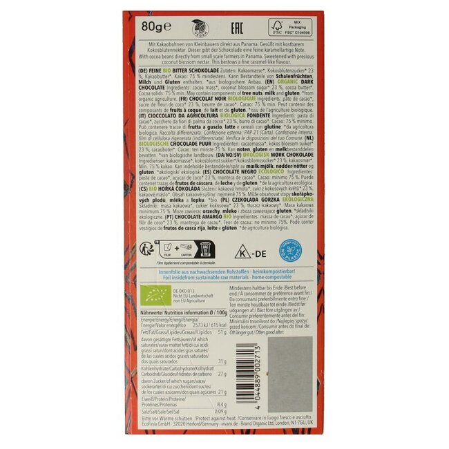 Chocolat noir 75% au sucre de fleur de coco bio 80 g