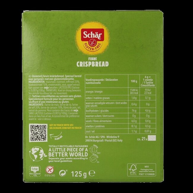 Fibre crispbread/crackers glutenvrij 125 Gram