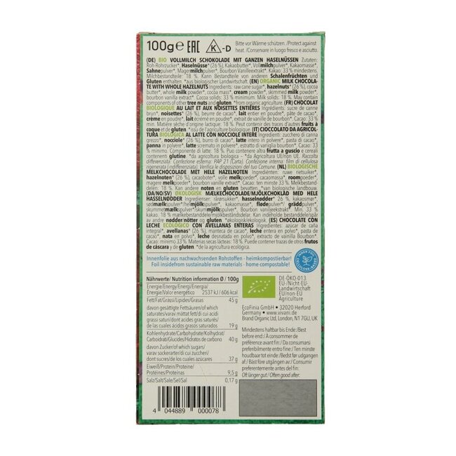 Chocolat au lait aux noisettes entières bio 100 g