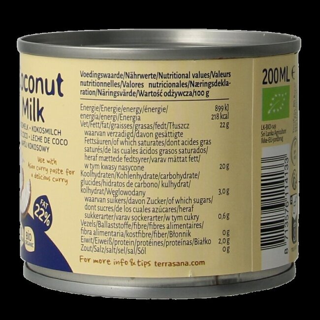 Lait de coco 22% matière grasse bio 200 Millilitres