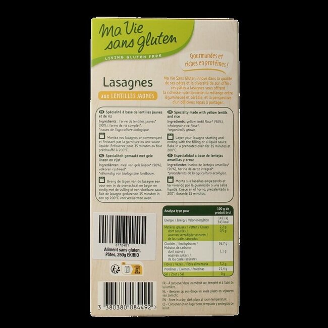 Lasagnebladen van gele linzen glutenvrij bio 250 Gram