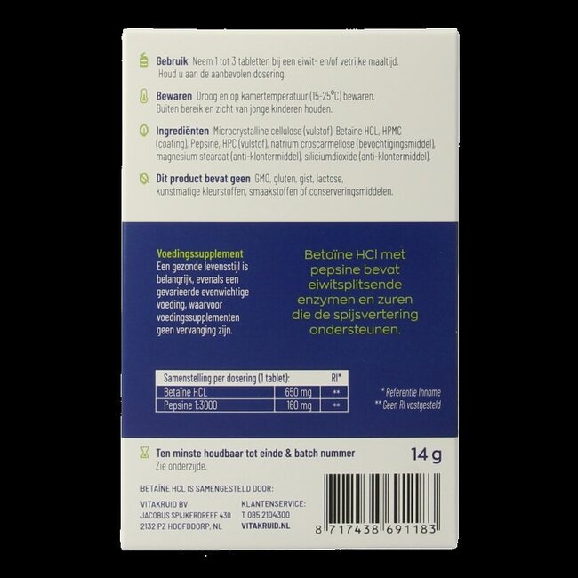 Kit de test Bétaïne HCL 650 mg & pepsine 160 mg 10 comprimés