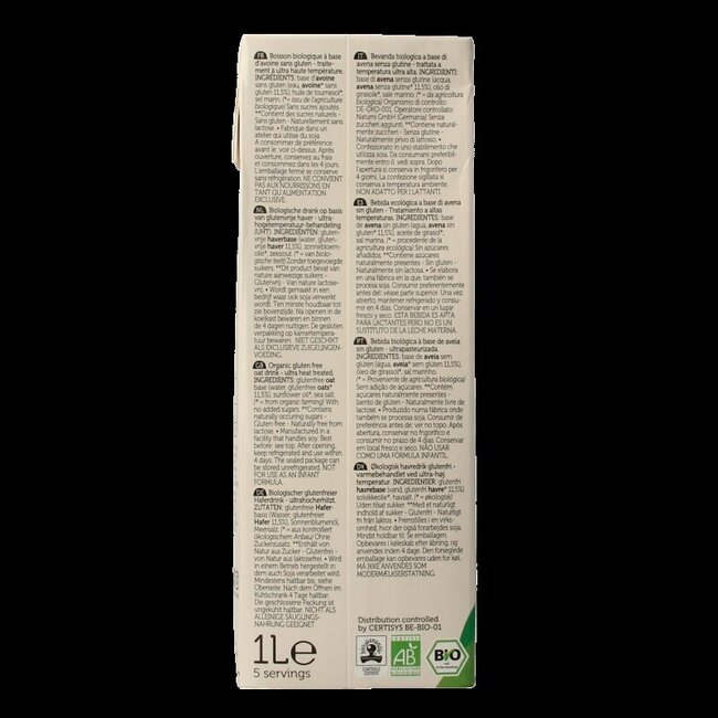 Boisson à l'avoine sans gluten bio 1 Litre