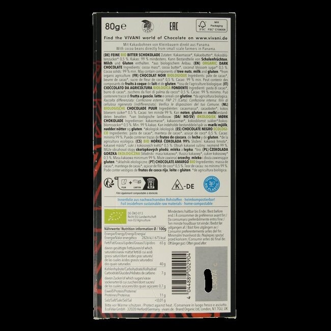 Chocolat noir 99% sucre de fleur de coco bio 80 g