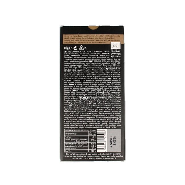 Chocolade melk donker 50% kokosbloesemsuiker bio 80 Gram