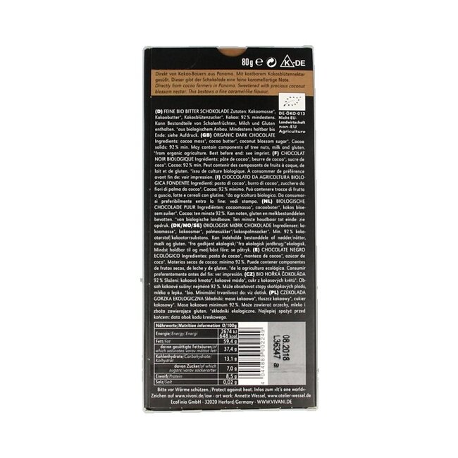 Chocolat noir 92% au sucre de fleur de coco bio 80 g