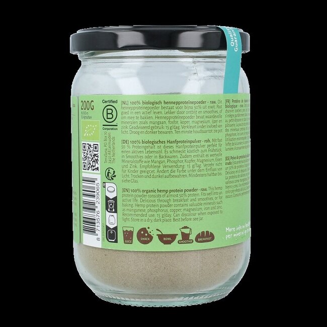 Protéine de chanvre brute en poudre bio en pot de verre 200 g