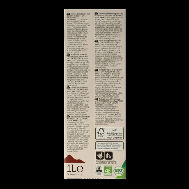 Boisson à l'avoine chocolat bio 1 litre