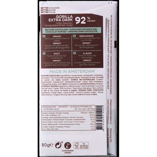 Gorilla extra pur 92% bio 80 Grammes