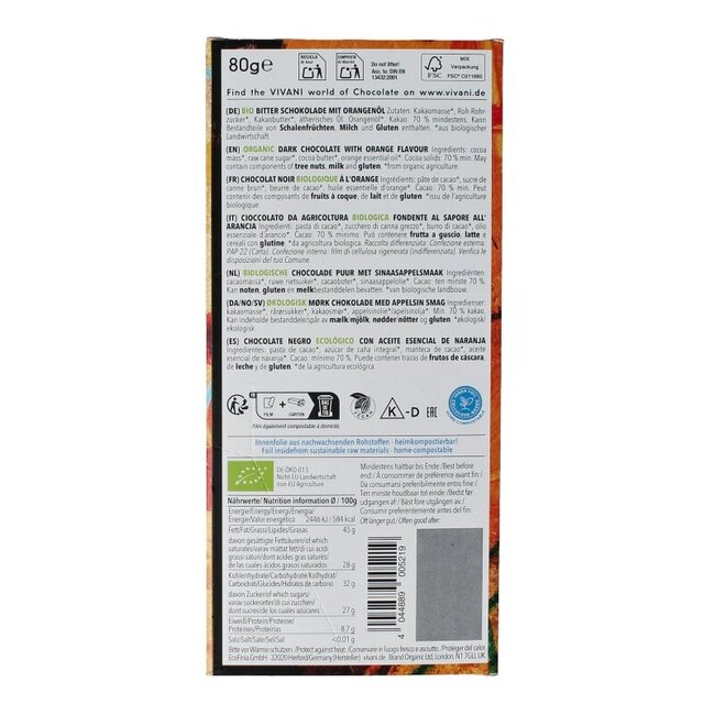 Chocolat noir à l'orange 70 % bio 80 g