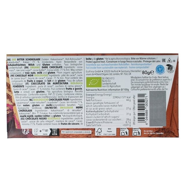 Chocolat noir 71 % bio 80 g