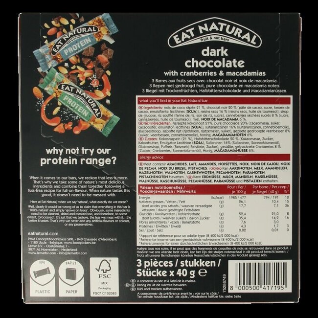 Chocolat noir canneberge macadamia 3 x 40 grammes 120 Grammes