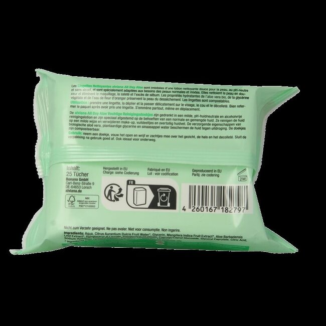 Lingettes nettoyantes humides à l'aloe vera 25 pièces