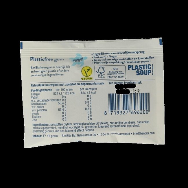 Sachet individuel de chewing-gum à la menthe poivrée 16 g