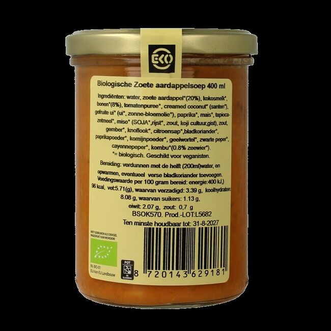 Zoete aardappelsoep met lokale bonen en kombu bio 400 Milliliter