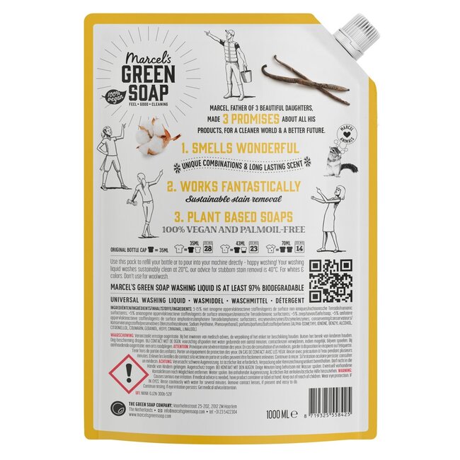 Wasmiddel universeel vanille & katoen navulling 1 Liter