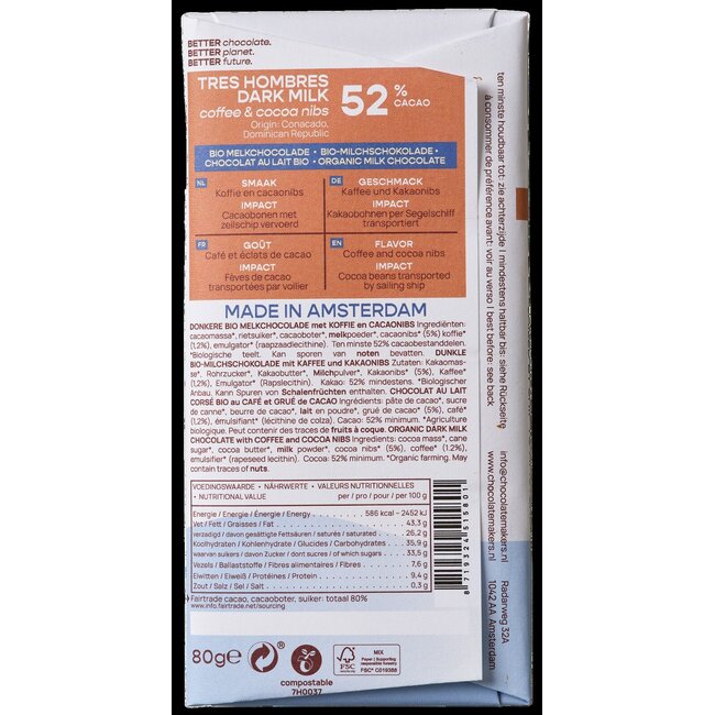 Barre Tres Hombres 52% lait éclats de cacao & café bio 80 grammes