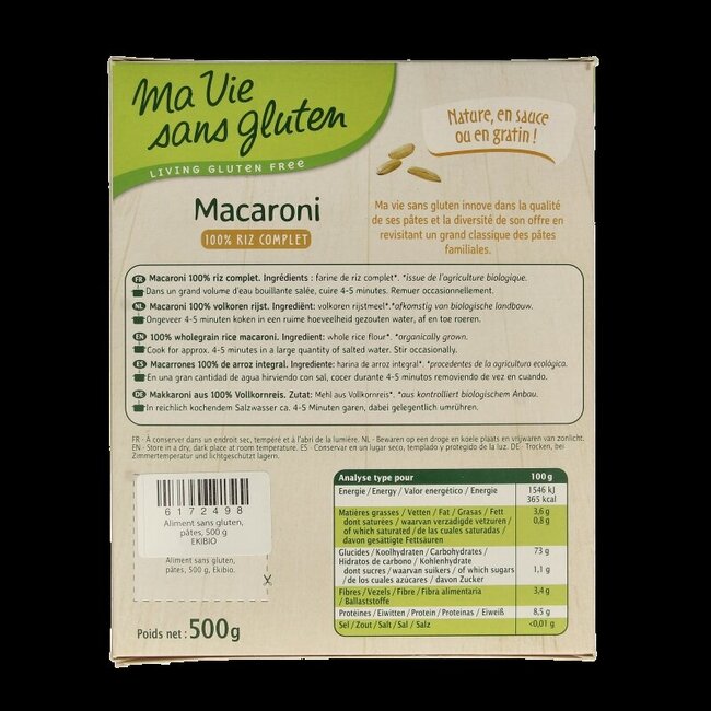Macaroni van volkoren rijst glutenvrij bio 500 Gram