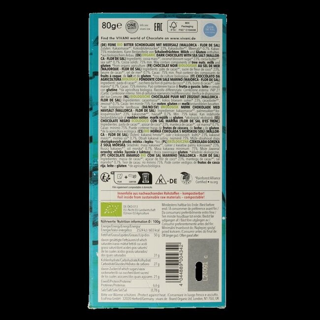 Chocolat noir fleur de sel 75% sucre de fleur de coco bio 80 g