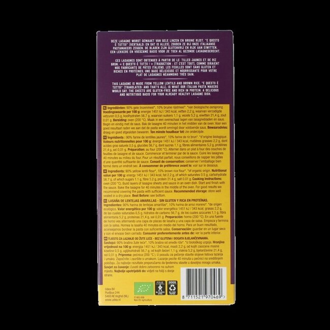 Lasagne van gele linzen bio 250 Gram
