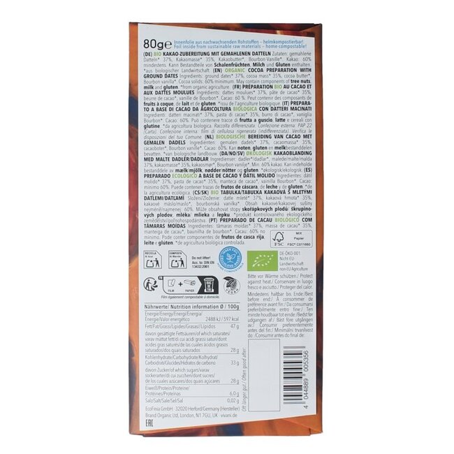 Chocolade puur 60% dadel gezoet bio 80 Gram