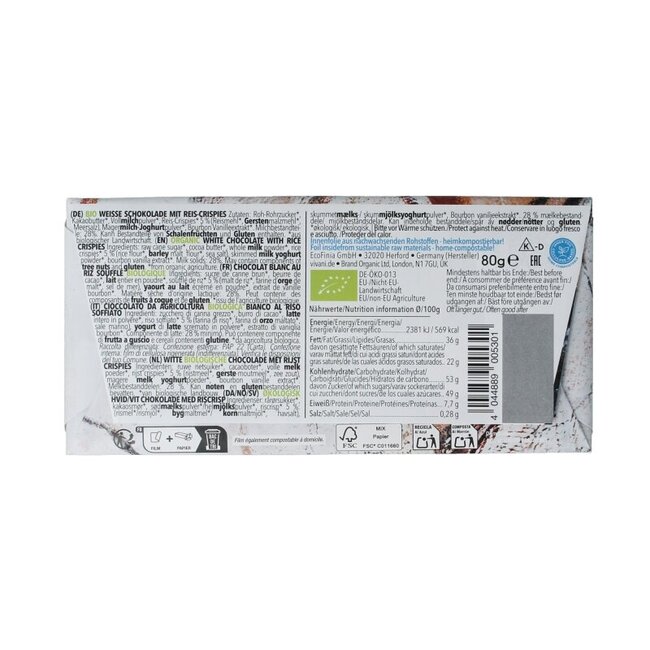 Chocolade wit rice crispies  bio 80 Gram