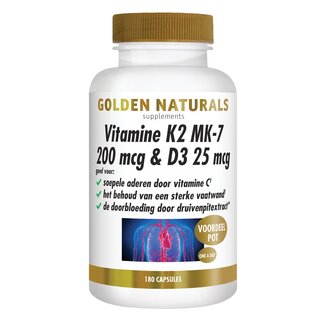 Golden Naturals Vitamine K2 MK-7 200mcg & D3 25mcg 180 Vegetarische capsules