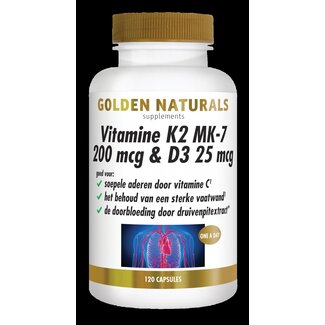 Golden Naturals Vitamine K2 MK-7 200 mcg & D3 25 mcg 120 Vegetarische capsules