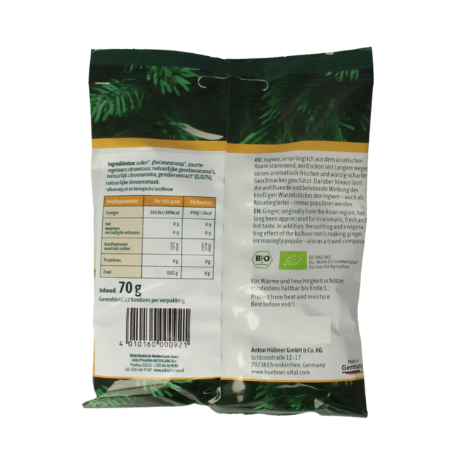 Hubner Caramelle allo Zenzero Bio 70 Grammi