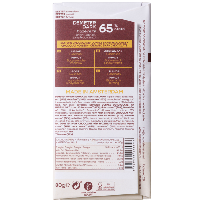 Chocolatemakers Brazil avellana 65% puro demeter bio 80 gramos