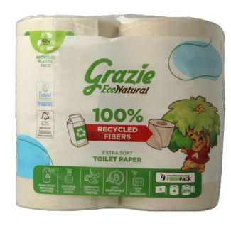 Grazie Natural Papel higiénico de 3 capas, 4 rollos
