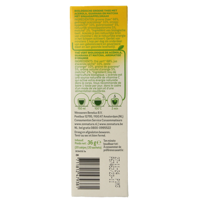 Zonnatura Thé vert Énergie à la vitamine C bio 20 sachets