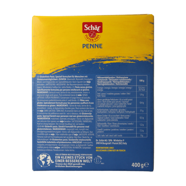Pasta penne sin gluten 400 Gramos